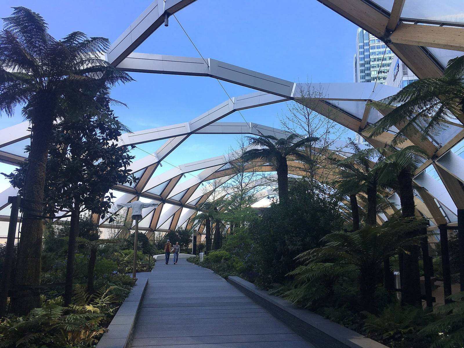 Crossrail Place roof garden above the Elizabeth line station at Canary Wharf — the estate is built for rail, not removal vans